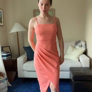 Laundry By Shelli Segal Ruched Midi Dress Tulip Hem Coral Stretch Size 0